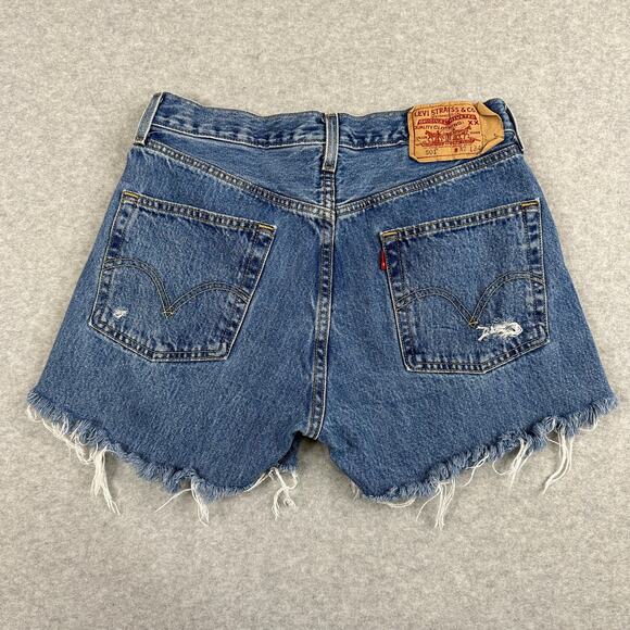 Levi's 501 Jean Shorts WMNS 32 Blue Distressed Denim Button Fly Cut-Off Hi-Rise - Picture 6 of 10